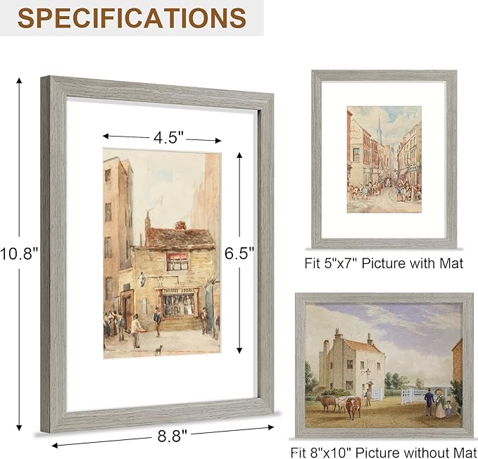 Vittanly 8x10 Picture Frame, Solid Wood Frame with Plexiglass, Includes 5x7 Mat, Wall Hanging or Tabletop for Home Decor, Grey, 1 Pack