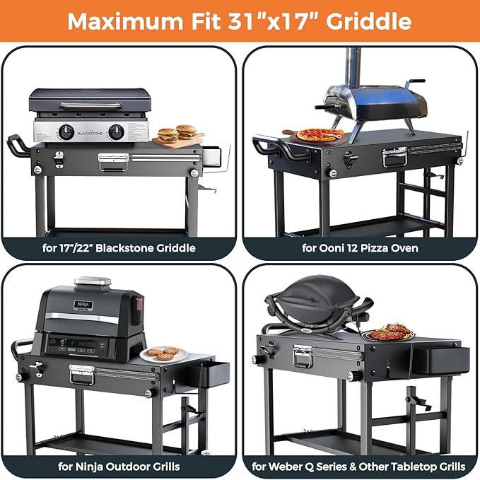 Portable Stand for Blackstone 17 & 22 Inch Griddle - Sturdy Outdoor Grill Table for Ooni Pizza Oven, Ninja Woodfire Grills, Foldable Grill Cart w/Wheels, Gas Tank Mount & Storage Shelf