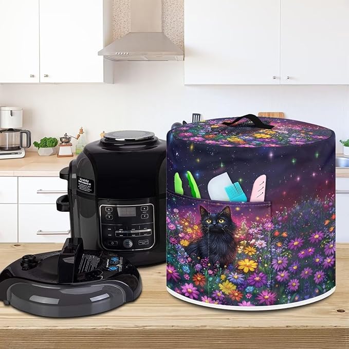 Xoenoiee Black Cat Colorful Daisy Pattern Pressure Cooker Cover Kitchen Appliance Dust Cover with Pockets for Rice Cooker Air Fryer Slow Cooker, for 8 Qt Pot