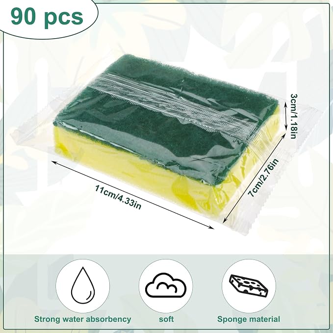 90Pack Individually Wrapped Sponges Uncompressed Kitchenware | Dishwashing Non - Image 2