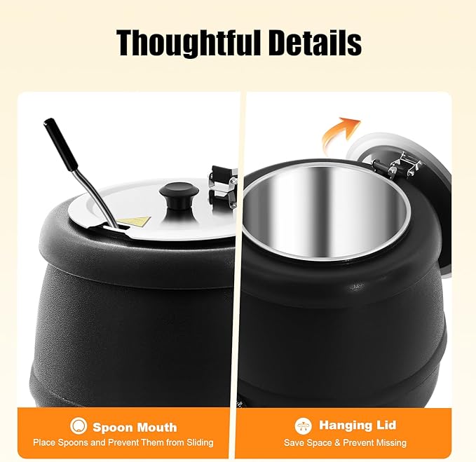 10.5QT Soup Warmers, Electric Soup Pot Commercial Soup Kettle with Stainless Steel Hinged Lid and Detachable Insert Pot, Temperature Control Knob for Restaurants and Party, Catering (Black)