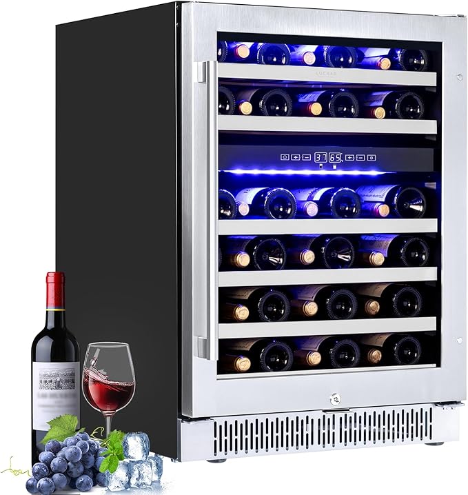 Luchar 24 Inch Wine Cooler Refrigerator, 46 Bottle Dual Zone Built-in or Freestanding Wine Fridge with Double-Layer Tempered Glass Door, Wine Refrigerator for Home, Kitchen, Bar, Office