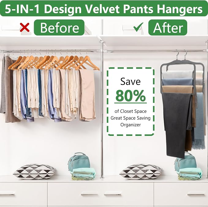 Closet Organizers and Storage, Pants Hangers Space Saving Velvet Hanger | - Image 2