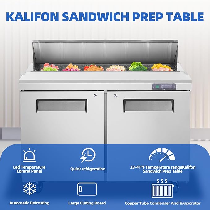 48" W Commercial Refrigerator Sandwich Salad Prep Table, Sandwich Prep Table Refrigerator, Salad Bar Buffet Station For Home with 2 Shelves, Sandwich Prep Table with 12 Pans for Restaurant