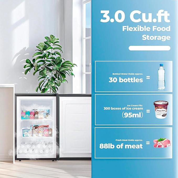 3.0 Cu.ft Small Freezer, Mini Upright Freezer with Adjustable Thermostat, Removable Shelves, Reversible Single Door, for Bedroom/Home/Dorms/Apartment, Sanded Black