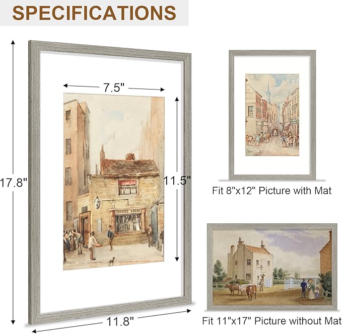 Vittanly 11x17 Picture Frame, Solid Wood Frame with Plexiglass, Includes 8x12 Mat, Wall Hanging for Photos, Home Decor, Grey, 1 Pack
