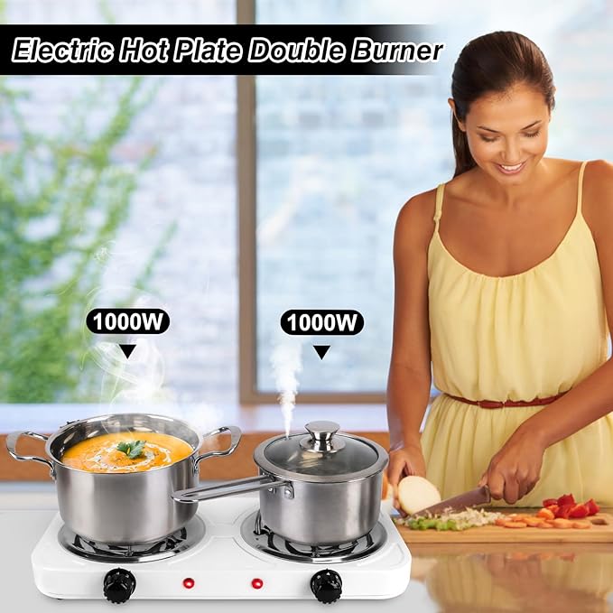 2000W Double Burner Electric, Portable Hot Plate for Cooking, Cooking Stove with 5 Temperature Adjustments, Countertop Burner Cooktop for Kitchen, Dorm (2Burner_White, 18x10x3")