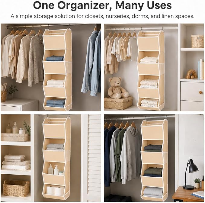 4-Shelf Hanging Closet Organizer and Storage, Fabric Storage Bins Bedroom - Image 4