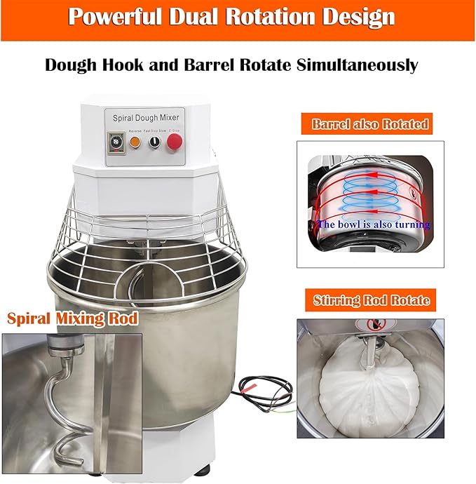 60L Commercial Dough Mixer 220V 3KW Dual Rotating Dough Kneading Machine with Stainless Steel Barrel/Security Cover/Timer Function Electric Stand Spiral Mixer for Restaurant Bakery Pizzeria