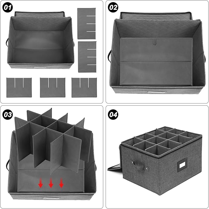 Mayniu Wine Glass Storage Box 2 Pack, Stemware Storage Containers Cases, Glassware Storage for 24 Crystal Glasses, Hard Shell Top Sides Bottom and Stackable (17'' x 13'' x 10'', Black)