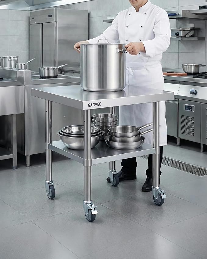 Garvee Stainless Steel Work Table, 24x36x26 Inch Commercial Food Prep Worktable with Wheels, Detachable 3-Sided Backsplash & Height-Adjustable Shelf, Heavy Duty Workbench for Kitchen Restaurant Garage
