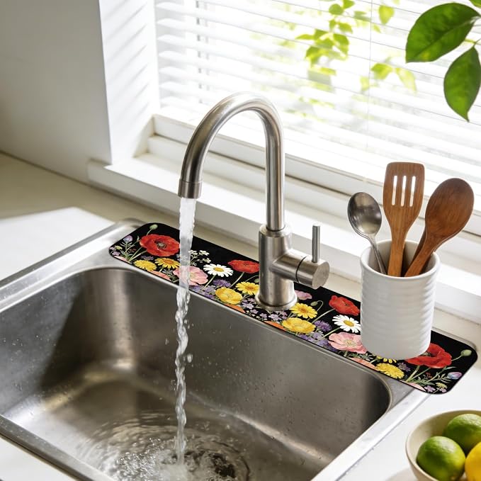 3 Pcs 2 Size Kitchen Sink Splash Guard Faucet Mat Wildflower Pattern Faucet Mats - Image 6