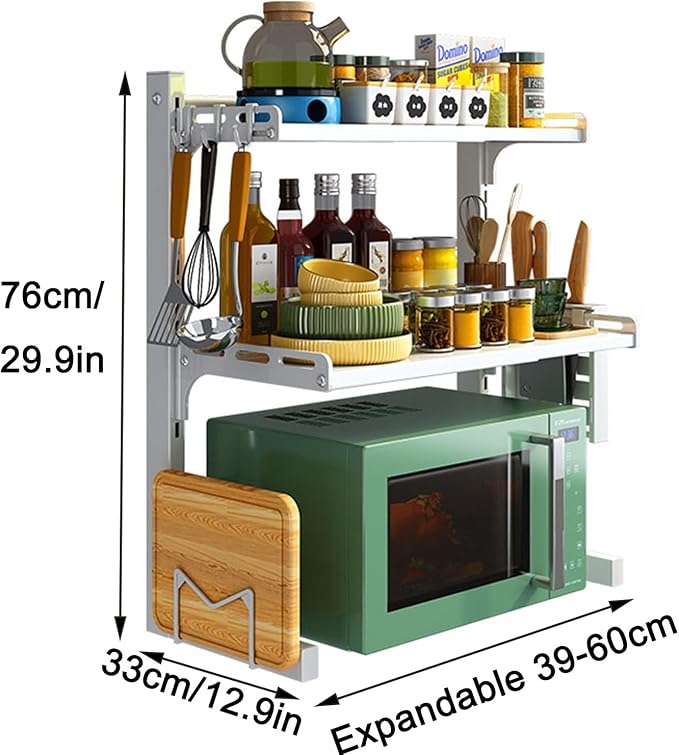 2-Tier Heavy Duty Expandable Kitchen Shelf - Adjustable Countertop Rack for Utensils & Tableware Storage, Microwave Oven Stand with 6 Hooks for Seasoning & Rice Cooker, White