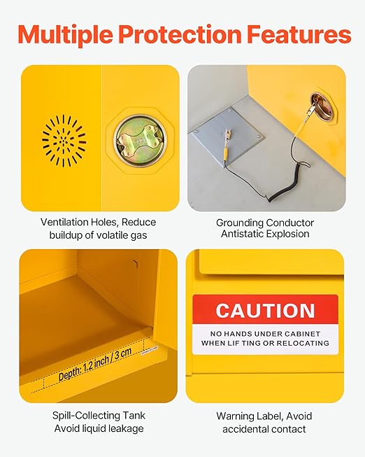 VEVOR Flammable Cabinet 18" x 23" x 65", 23 Gallon Flammable Storage Cabinet with Adjustable Shelf, Cold-Rolled and Galvanized Steel Fire Cabinets, for Commercial Industrial Home Use, Yellow