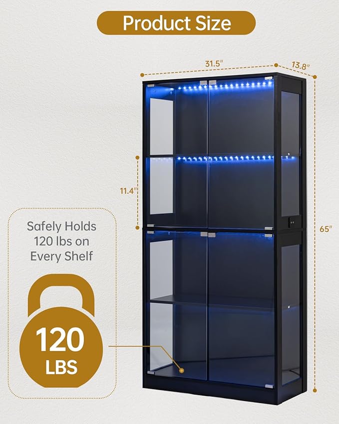 Glass Display Cabinet, 65" Tall Display Case with RGB Lights Curio Cabinet with Glass Doors 4-Tier LED Storage Cabinet with Human Body Sensor & Press-To-Open for Collectibles Book Figure (Black)