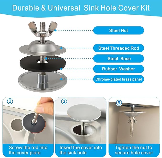 2-Inch Faucet Hole Cover, Sink Hole Cover, Solid Brass Chrome-Plated Kitchen Sink Tap Hole Plate Stopper Cover for Home Kitchen and Bathroom, Kitchen Sink Hole Covers (Silver)