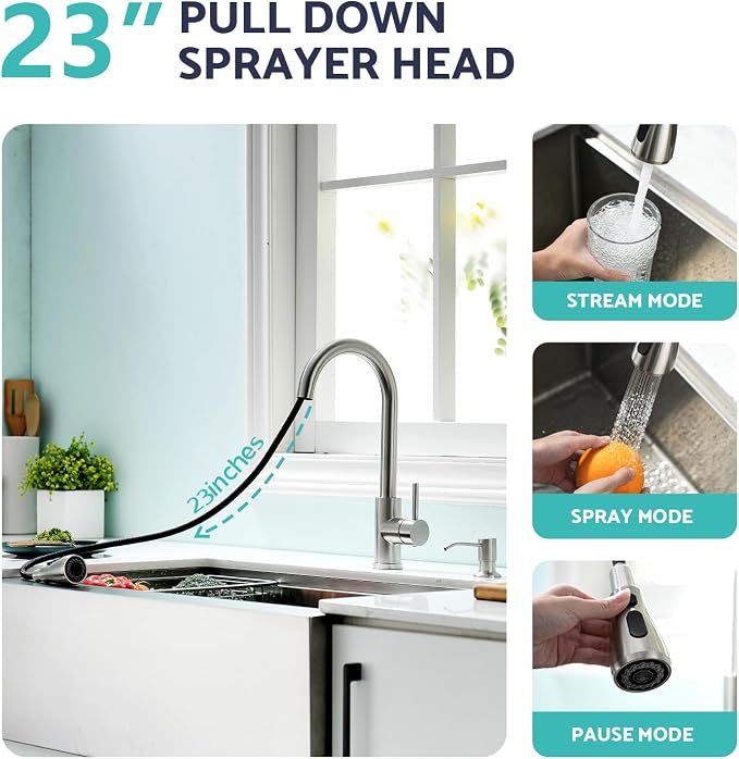 Kitchen Sink Faucet with Soap Dispenser, 3 Modes Kitchen Faucet with Pull Down - Image 2