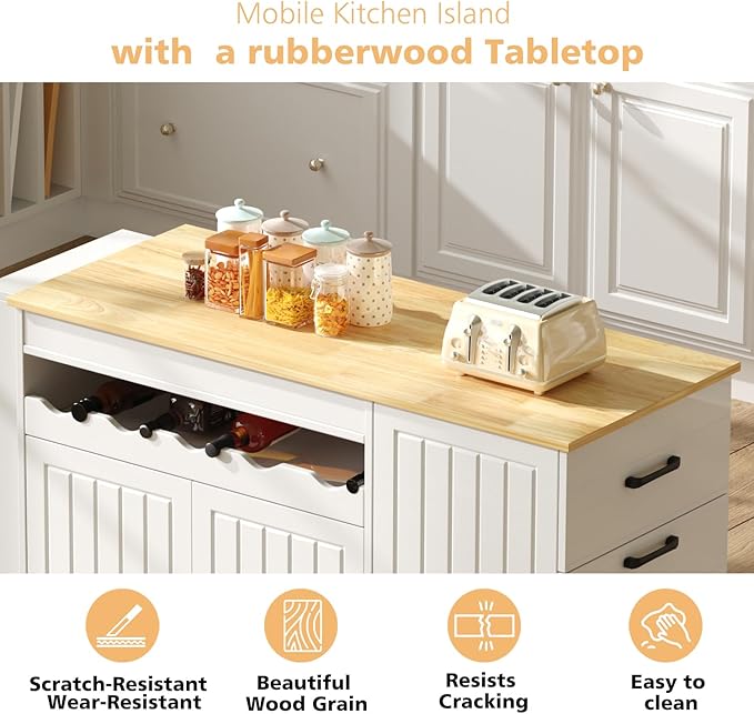 Modern Rolling Kitchen Islands with Extendable Dining Table, Hidden Trash Can Storage, Mobile Island Cart on Wheels with Storage for 2,Rubberwood Top,Storage Cabinet, Drawers & Wine rack,White