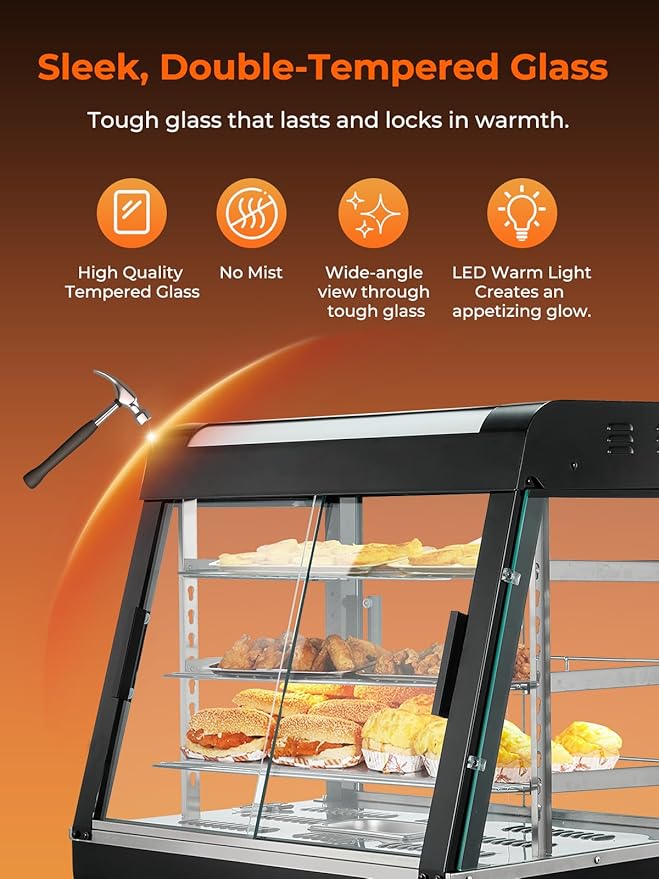 Commercial Food Warmer 26", 3-Tier Heated Display Case w/LED Light and Adjustable Thermostat, Removable Shelves, Countertop Pizza Pastry Warmer for Buffet Restaurant Bakery 1200W