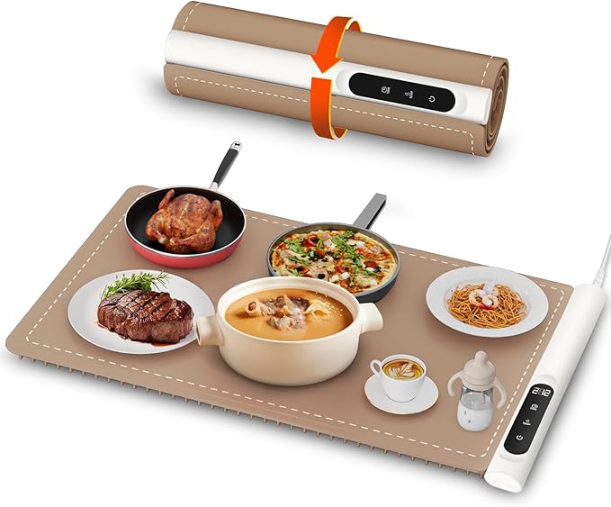 Graphene Warming Mat for Food - Fast Full Surface Heating Electric Warming Tray, Portable Food Warmer for Parties Buffet with 6 Temperature and Timer Settings, Brown