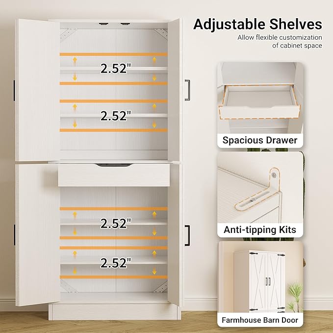 Unikito 71" Tall Kitchen Pantry Cabinet with Farmhouse Barn Doors and Storage Drawer, 8 Adjustable Shelves, Freestanding Cupboard for Dining Room, Living Room, Utility Room, White, 2 Pack