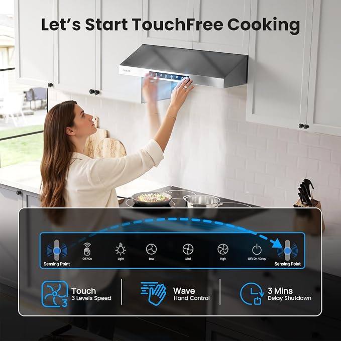 Range Hood 30 Inch Under Cabinet, 900CFM Stainless Steel Kitchen Stove Vent Hood, Touch/Gesture Control, 3 Speed Exhaust Fan, LED Lights, Reusable 5-Layer Aluminum Filters