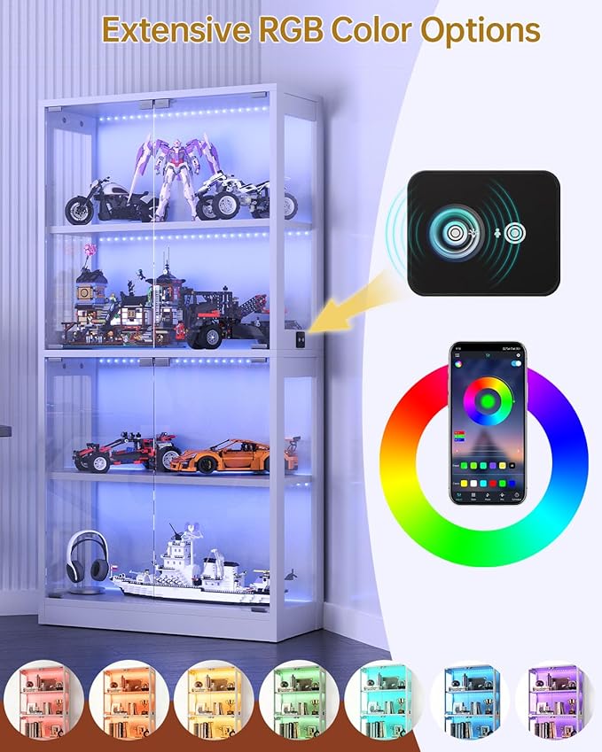 Glass Display Cabinet 2pcs, 65" Tall Display Case with RGB Lights Curio Cabinet with Glass Doors 4-Tier LED Storage Cabinet with Human Body Sensor & Press-To-Open for Collectibles Book Figure(Black)