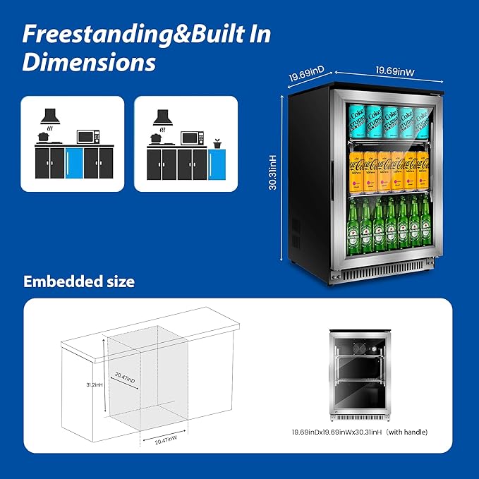 20 Inch Beverage Refrigerator Cooler,Under Counter Drink Fridge with Glass Door, Built-in or Freestanding, Quiet Compressor Cooling, 120 Can Capacity for Beer and Soda