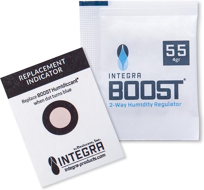 Integra Boost 55% RH Level - 4 Gram Size - Two-Way Humidity Control Pack - Incl. Replacement Indicator Cards - Food Storage & Herbs Moisture Balancer for Up to 1/2 oz (Pack of 50)