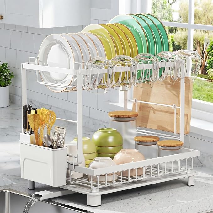 2-Tier Dish Drying Rack for Kitchen Counter, Space-Saving, Auto Drain Spout - Image 8