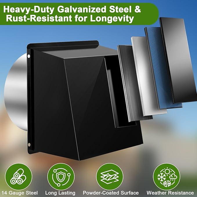 8 Inch Hooded Wall Vent, Dryer Wall Vent Cover Outside with Screen and Damper, Wall Exhaust Vent Cover, Outdoor Air Vent Cap for Range Hoods/Kitchen/Bathroom/Laundry/Basements/Garages, Black