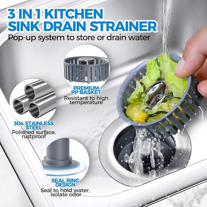zaa 3 in 1 Kitchen Sink Drain Strainer Stopper Removable Basket Pop-Up - Image 2