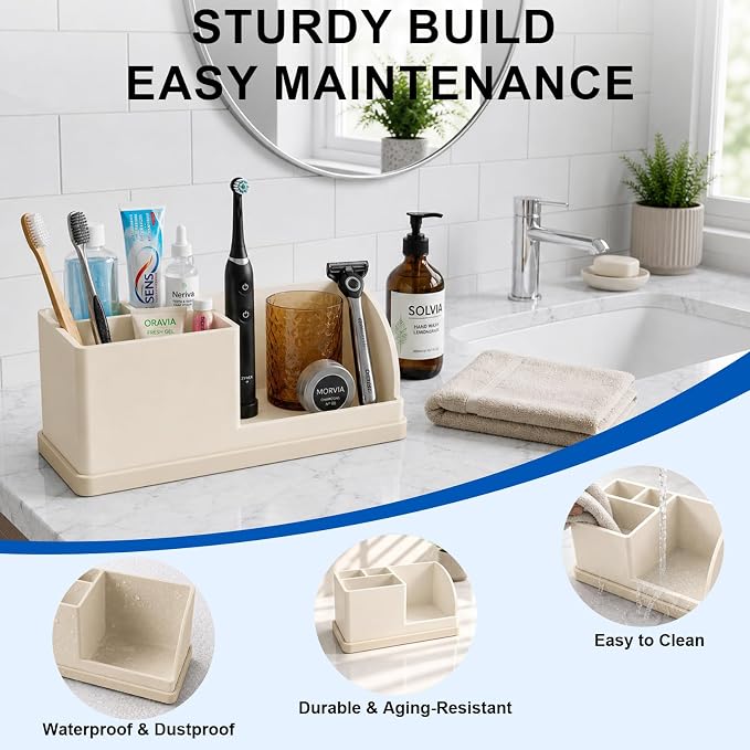 Bathroom Toothbrush Holders, 4 Slots Silicone Counter Organizer Storage Beige - Image 3