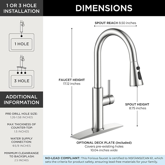 FORIOUS Kitchen Faucet with Pull Down Sprayer, High Arc, Brushed Nickel | - Image 3