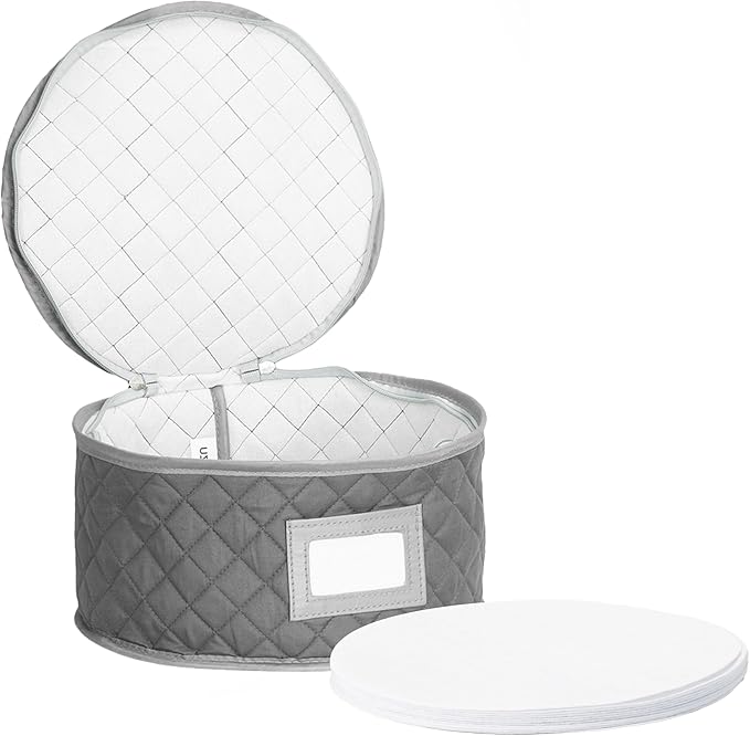 Stack Store Plus More China Storage Case - Dinner Plate Quilted Case - 12 inches diameter x 7 inches height - Gray - Includes 12 Felt Separators