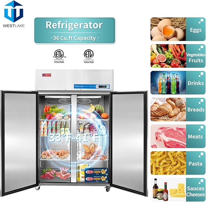 WESTLAKE 48" W Commercial Refrigerator 2 door 2 Section Stainless Steel Reach in Solid door Upright Fan Cooling 36 Cu.ft Cooler for Restuarant, Bar, Shop, etc