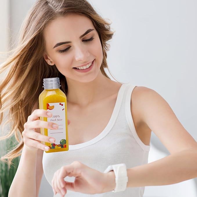 Plastic Juice Bottles 150 pcs 12 oz Empty Plastic Water Bottles with Caps Reusable Clear Beverage Containers for Drinking, Juicing, Smoothie, Water with 2 Brushes, 2 Funnels, 160 Stickers (12 OZ)