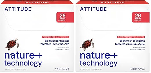 ATTITUDE Dishwasher Tablets, Water-soluble Plant- and Mineral-Based Effective Formula, Phosphate-free, Vegan and Cruelty-free, Unscented, 26 Count (Pack of 2)