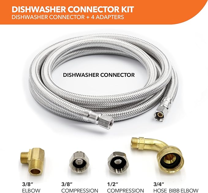 Universal Dishwasher Installation Kit, 3/8" Compression, 6ft long Braided Stainless Steel Hose + 3/4" Hose Bibb Elbow + 3/8" Compression Elbow & Compression Adaptor + 1/2" Compression Adaptor