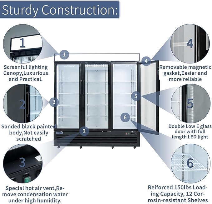 ICECASA 72" W Merchandiser Commercial Display Refrigerator Three Glass Door Reach-in 54 Cu.ft Display Refrigerator Fan Cooling for Restuarant, Bar, Shop, etc