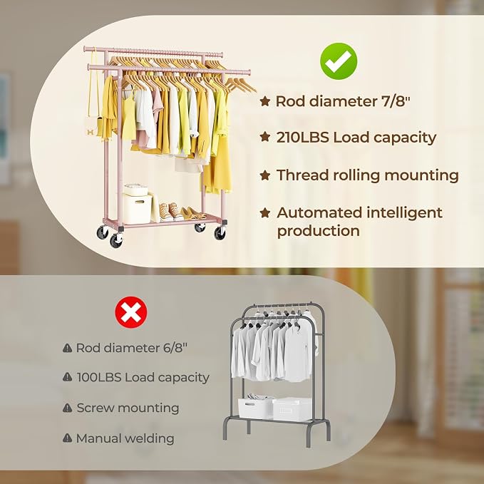 HYSEYY Double Rods Clothes Rack, Sturdy Rolling Clothing Rack, Portable - Image 5