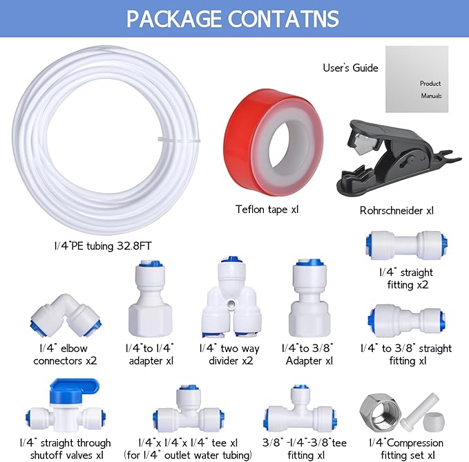 32.8ft Refrigerator Water Line Kit - Fridge Ice Maker Water Line Kit, 1/4" OD Tubing Water Line Kit with Quick Connect Fitting for Fridge Ice Maker Reverse Osmosis RO System Water Filter