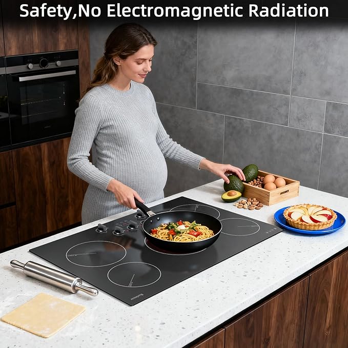 Karinear Electric Cooktop 30 Inch, 5 Burner Radiant Cooktop with Knob & Touch Control, 8500W 240V Built-in Stove Top, 9 Power Levels, Timer, Child Lock, Pause, Residual Heat Indicator(Black Knob)