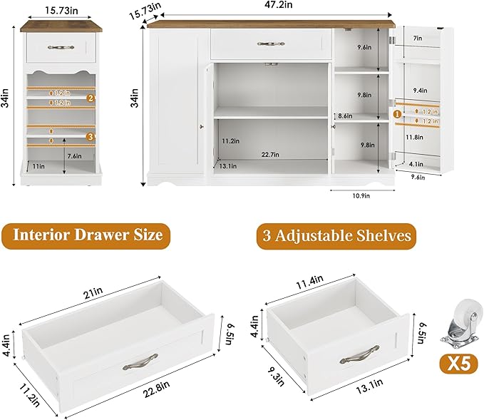 HOSTACK Kitchen Island Cart with Storage, 47'' Kitchen Storage Island on Wheels with 2 Drawers, Rolling Island Table with Adjustable Shelves, Mobile Buffet Sideboard Cabinet for Dining Room, White
