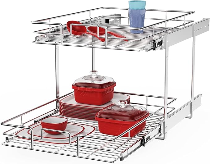 ROOMTEC Individual Pull Out Cabinet Organizer (17" W x 21" D), 2 Tier Spice Rack Organizer for Cabinet, Slide Out Drawer Pantry Shelf Organization and Storage for Kitchen Bathroom