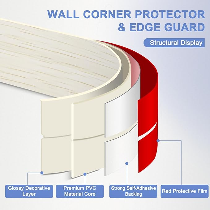 Wall Corner Protector Moulding Trim Peel and Stick Wall Corner Guards Trim Flexible Self Adhesive Edge Protector Moulding, 1.6 in x 10 Ft, Beige Wood