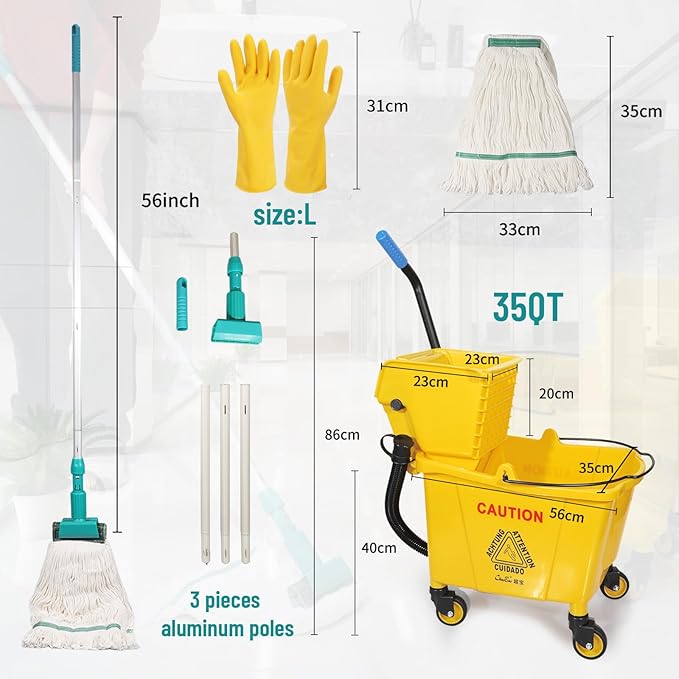 Side Press Wringer Combo Commercial Mop Bucket on Wheels, 35 Quart,Yellow, Including Commercial Mop and Rubber Gloves
