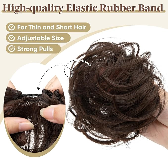CJL HAIR 2PCs Small Cute Messy Bun Hair Piece for Thin Hair Women Mini Synthetic Curly Bun Scrunchies Updo Hairpieces Sahara Beige
