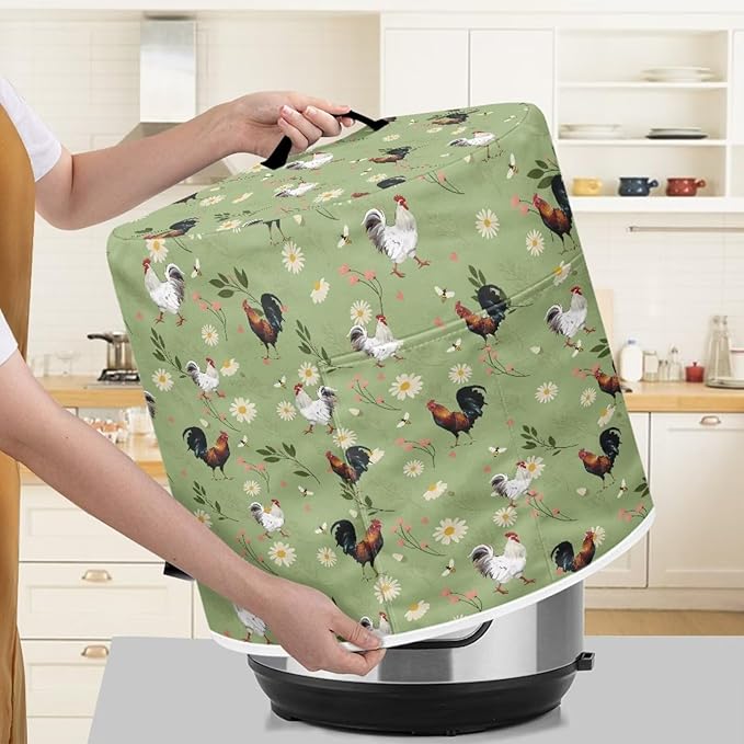 Air Fryer Dust Cover Compatible with 6 Quart Dust Protection Insulated Kitchen Appliance Cover with Top Handle & Pockets for Home Decoration, Rooster Daisy Floral Green