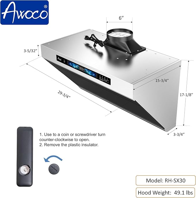 Awoco 30" Under Cabinet Range Hood, Side-Draft Design, 4 Speeds Exhaust Fan with 800 CFM, Voice, Gesture, Touch & Remote Control, 6" Vent, Dimmable LED Light Bars